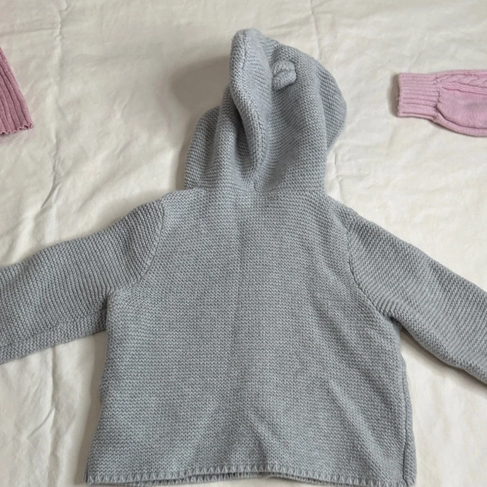 GAP Pink Teddy Coat & Knit Set with Gray Hooded Cardigan